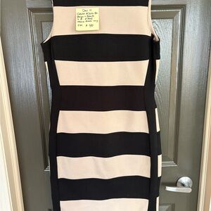 Calvin Klein Black and Cream Striped Midi Sheath Dress